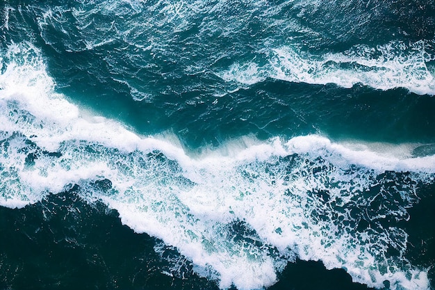 Vue aérienne de drone avec des vagues déferlantes dans l'océan de cristal Vue de dessus Eau de mer bleue propre et ondulée