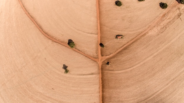 Vue aérienne de drone volant de campagne. Les routes forment le dessin d&#39;une feuille.