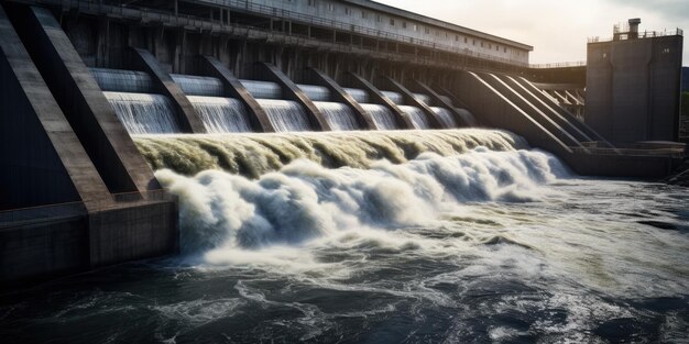 Vue aérienne du barrage hydroélectrique sur une rivière et des montagnes