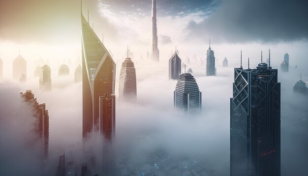 Vue aérienne du bâtiment de gratte-ciel de grande hauteur enveloppé d'un épais brouillard au sommet des immeubles d'entreprise de la ville
