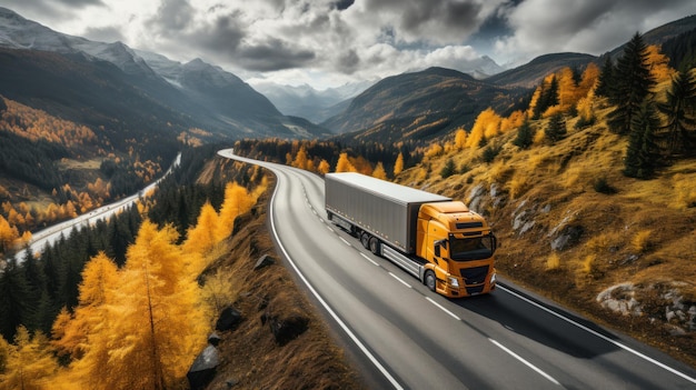 Vue aérienne du camion sur la route en automne autoroute