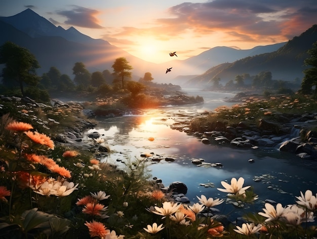 Vue aérienne du champ de fleurs en fleurs et de la rivière avec des matins brumeux Vue sur la verdure le matin avec