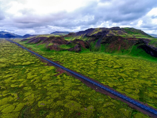 Vue aérienne du champ de lave moussu en Islande.