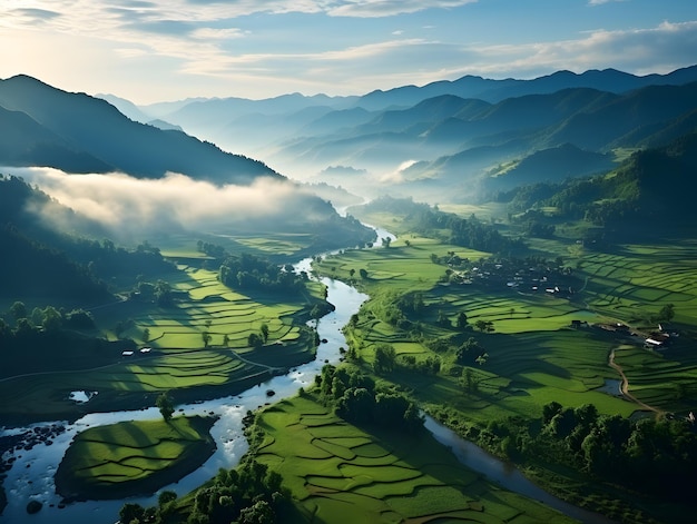 Vue aérienne du champ de terre verte et de la rivière avec des matins brumeux Vue sur la verdure le matin avec sunr