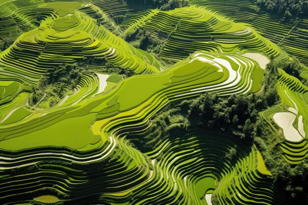 Vue aérienne du champ vert vibrant Vue supérieure ou prise aérienne des rizières vertes et jaunes fraîches Longsheng ou Longji Rice Terrace dans le village de Ping An Comté de Longsheng Chine AI généré