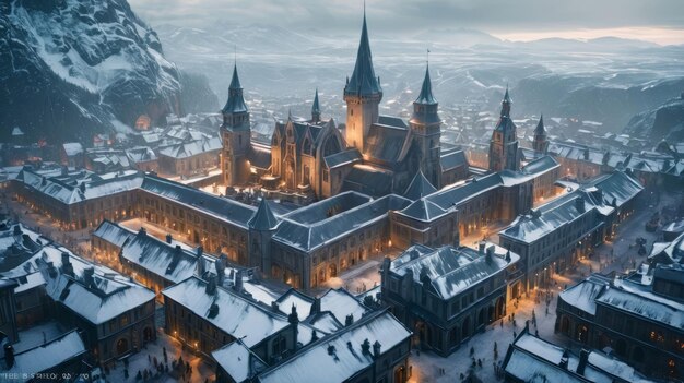 Vue aérienne du château dans la neige