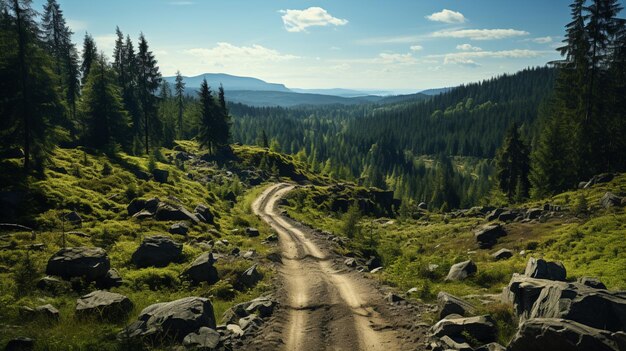 Vue aérienne du chemin de terre traversant la forêt