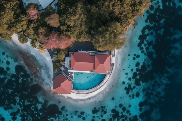 Vue aérienne du complexe de villas de luxe sur l'eau des Maldives et de la jetée en bois Réseau de neurones généré par l'IA