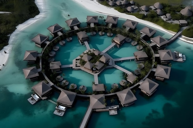 Vue aérienne du complexe de villas de luxe sur l'eau des Maldives et de la jetée en bois Réseau de neurones généré par l'IA