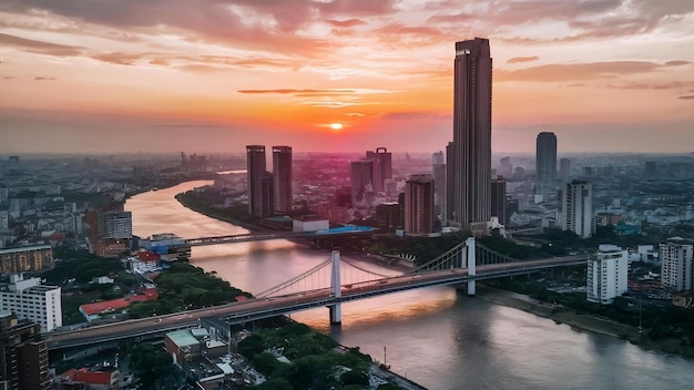 Vue aérienne du coucher de soleil au point de repère 81 c'est un gratte-ciel super haut et un pont de Saigon avec développement