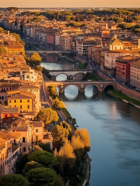 vue aérienne du district de Trastevere et de l'île du Tibre, la seule île fluviale de la partie du Tibre