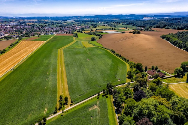 Vue aérienne du drone de beaux champs cultivés verts frais en Allemagne