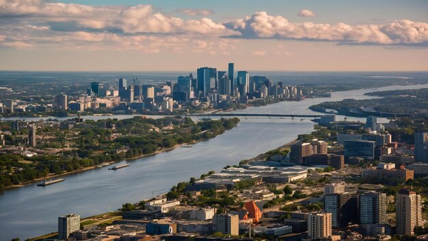 Vue aérienne du fleuve Saint-Laurent et de la ville de Montréal, au Canada