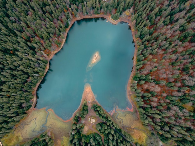 Vue aérienne du lac des carpates d'automne dans l'espace de copie des montagnes de l'ukraine