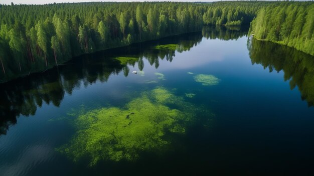 Vue aérienne du lac d'eau bleue et des bois verts d'été en Finlande Ressource créative générée par l'IA