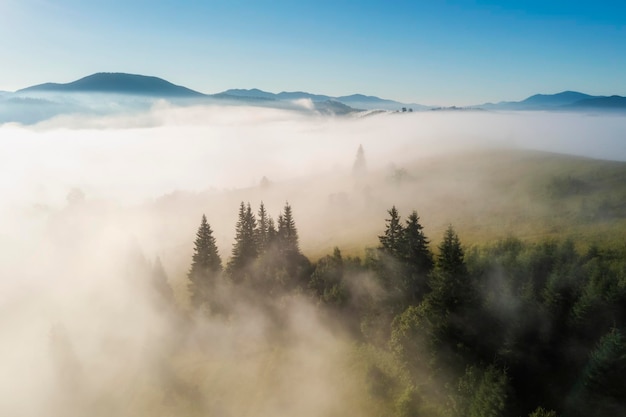 Photo vue aérienne du lever du soleil brumeux dans les montagnes montagnes d'été