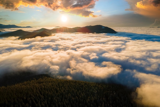 Vue aérienne du lever de soleil vibrant sur les collines de montagne couvertes de forêt d'épinettes à feuilles persistantes en automne