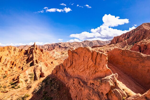 Photo vue aérienne du magnifique paysage du canyon de skazka rocks fable célèbre destination au kirghizistan rock comme le grand mur de chine et les montagnes arc-en-ciel de danxia sur le lac issyk-kul asie centrale