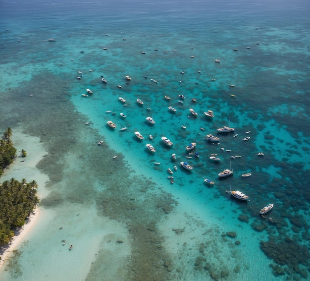 Photo vue aérienne du magnifique récif corallien avec des bateaux dans la mer