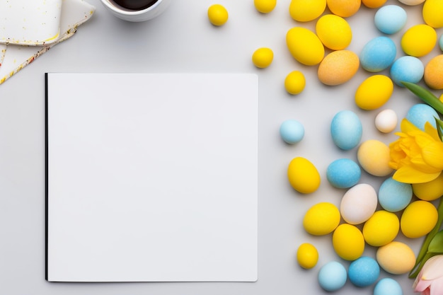 Une vue aérienne du mot jaune de Pâques avec des œufs colorés sur une table ronde blanche