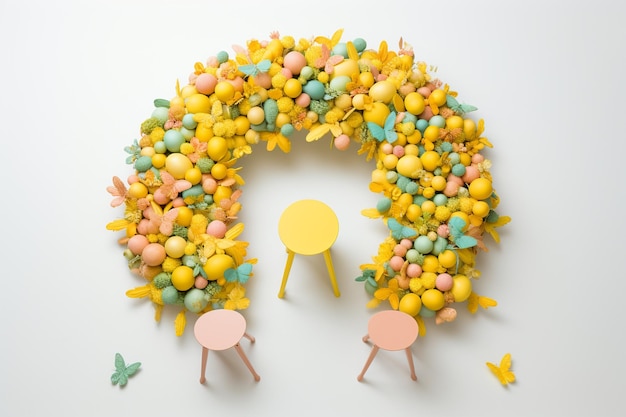 Une vue aérienne du mot jaune de Pâques avec des œufs colorés sur une table ronde blanche