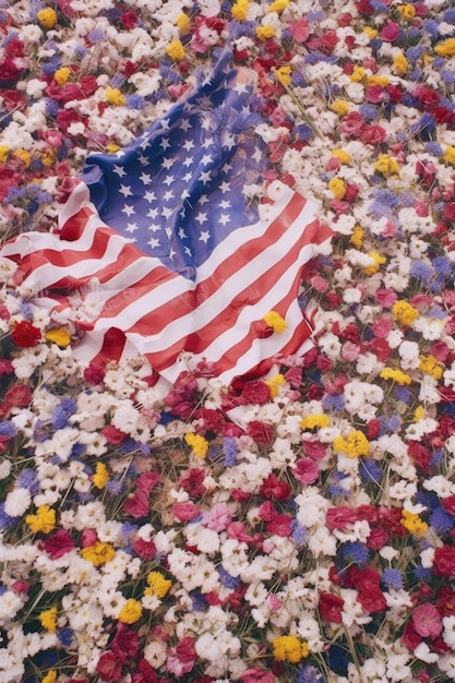 Vue aérienne du motif du drapeau américain dans un champ de fleurs épanouies créées avec une IA générative