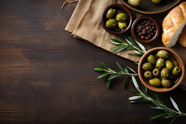 Vue aérienne du pain d'olives et de l'huile d'olive sur fond en bois