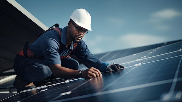 Photo vue aérienne du panneau solaire et du travailleur ingénieur installant et vérifiant l'entretien du système d'énergie verte du panel solaire sur le toit du bâtiment et de la maison