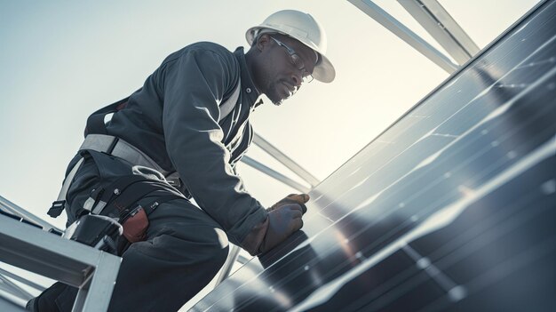 Photo vue aérienne du panneau solaire et du travailleur ingénieur installant et vérifiant l'entretien du système d'énergie verte du panel solaire sur le toit du bâtiment et de la maison