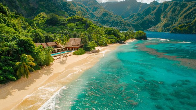 Vue aérienne du paradis tropical avec une verdure luxuriante et une eau cristalline