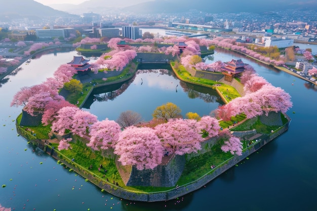 Photo vue aérienne du parc goryokaku pendant la saison des cerisiers en fleurs