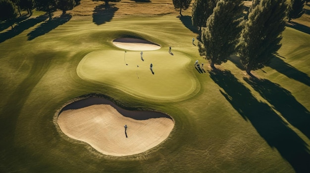 Vue aérienne du parcours de golf avec un terrain de golf vert avec un gazon vert riche paysage magnifique terrain de golf génératif Ai