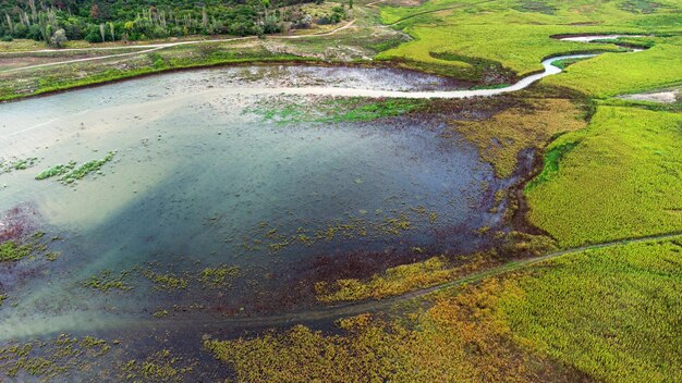 Vue Aérienne Du Paysage De La Rivière Courbée D'été En Journée D'été Ensoleillée. Vue de dessus