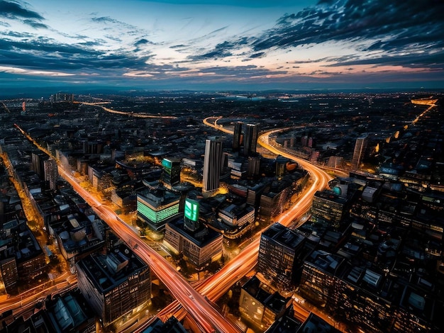 Vue aérienne du paysage urbain avec une circulation futuriste et des gratte-ciel au coucher du soleil