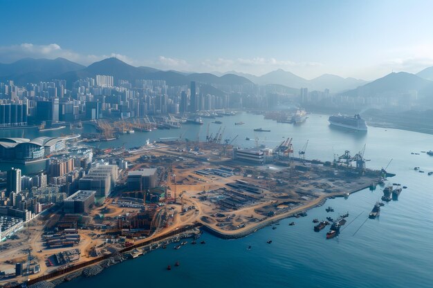 Photo vue aérienne du paysage urbain de hong kong avec un navire de croisière et des gratte-ciel