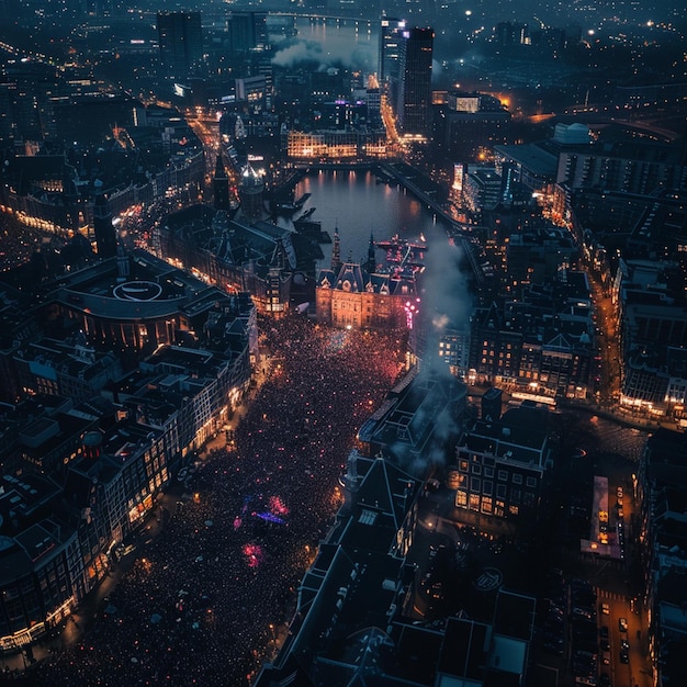 Vue aérienne du paysage urbain nocturne Évènement de musique électronique Amsterdam