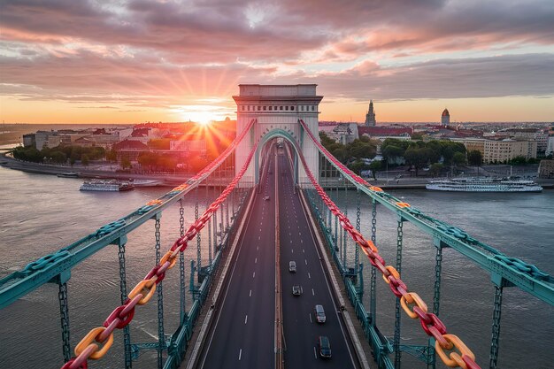 Vue aérienne du pont de la Liberté à Budapest au lever du soleil