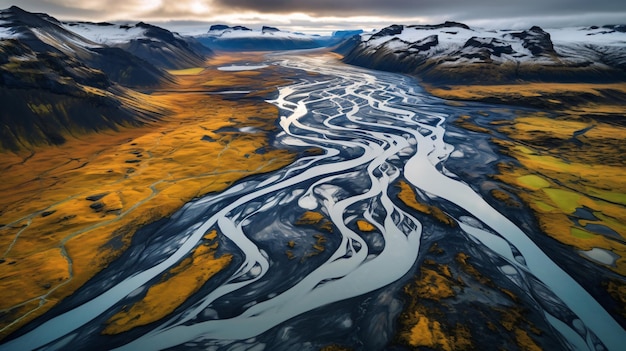 Vue aérienne du système fluvial glaciaire en Islande