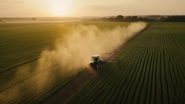 Vue aérienne du tracteur pulvérisant des pesticides sur la plantation de soja vert au coucher du soleil Generative AI