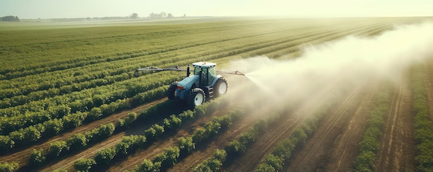 Vue aérienne du tracteur pulvérisant des pesticides sur une plantation de soja