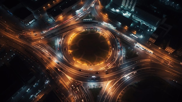 Vue aérienne du trafic au rond-point et autoroute pendant la nuit