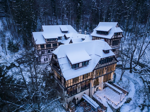 Vue aérienne du vieux château en hiver Sinaia Roumanie