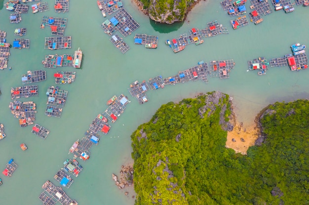 Vue aérienne du village de pêcheurs flottant dans la baie de Lan Ha Vietnam Site du patrimoine mondial de l'UNESCO près de la baie d'Ha Long