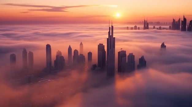 Vue aérienne de Dubaï Emirats Arabes Unis matin brumeux lever du soleil Generative Ai