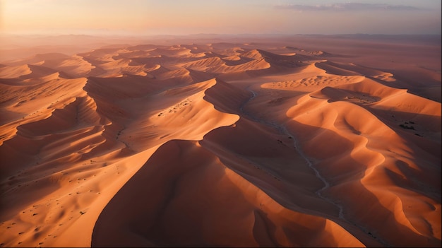 Vue aérienne de la dune de sable du désert au coucher du soleil avec le ciel et le paysage naturel