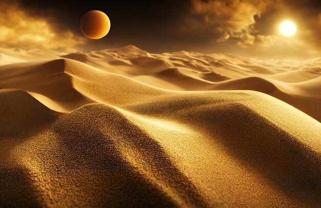 Vue aérienne des dunes de sable massives au lever du soleil et la lune peut être clairement vue de l'autre côté