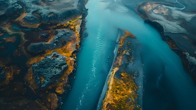 Vue aérienne de l'eau bleue électrique coulant à travers un paysage rocheux avec des arbres