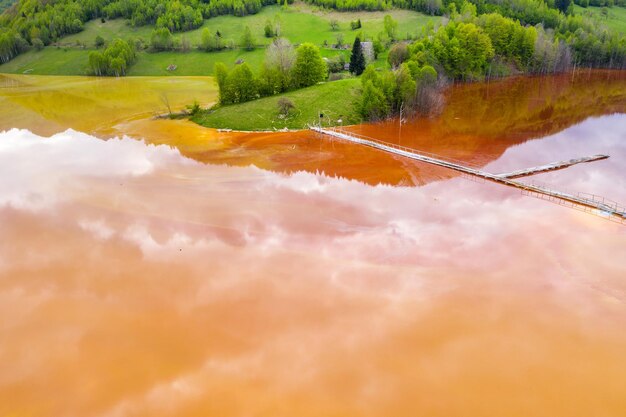 Vue aérienne des eaux usées acides et colorées des mines