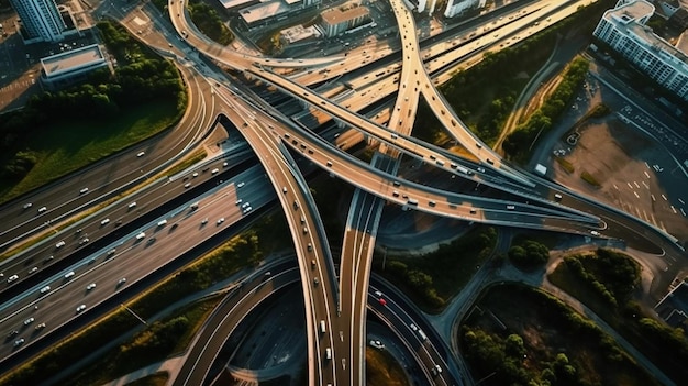 vue aérienne d'un échangeur d'autoroutes d'une ville