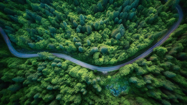 Une vue aérienne enchanteresse d'une route sinueuse à travers une forêt luxuriante évoquant un sentiment d'exploration et de tranquillité